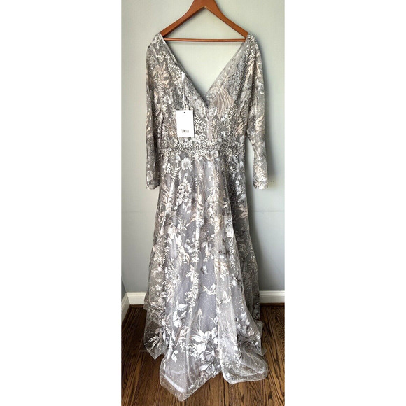 Mac Duggal 20214 Long Sleeve Bead Applique Gown Size 16 Grey Multi Floral NWT - Picture 8 of 16
